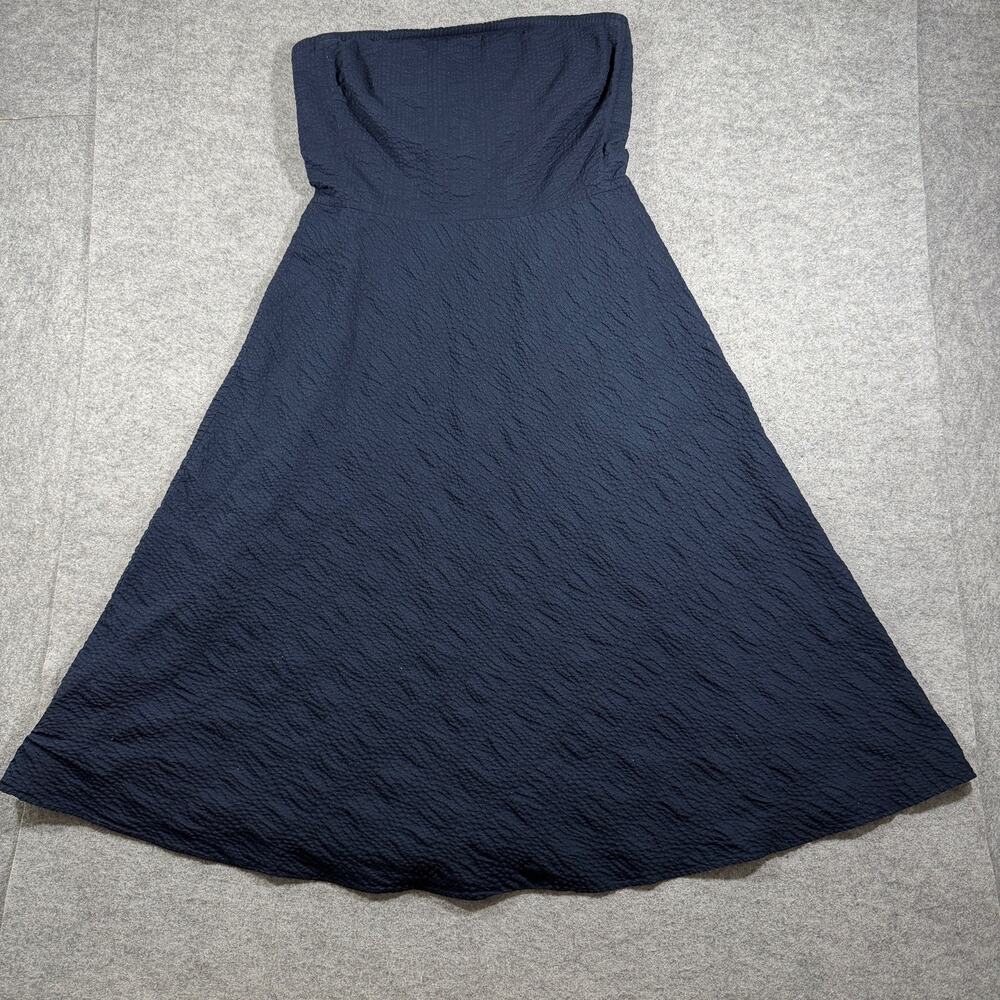 J.Crew Strapless Dress Womens 8 Navy Cotton Seersucker Sweetheart Midi Flare